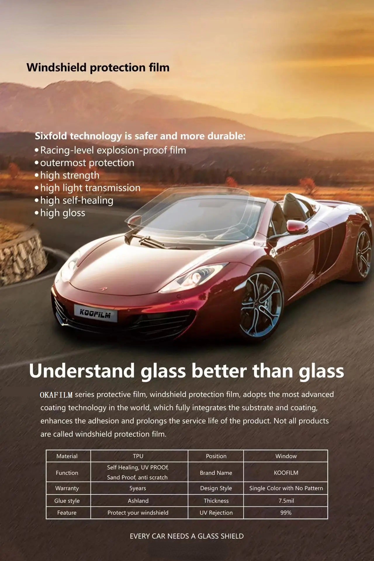 TPU Car Front Window Film 7.5mil PET Windshield Film High Hydrophobic Windshield Protection Film