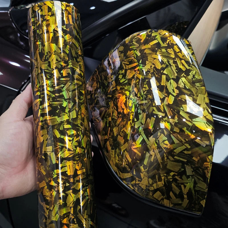 High quality PET Gloss Holographic Gold Silver Rainbow Forged Carbon Laser Vinyl Wrap Roll Adhesive Decal Car Wrapping Foil